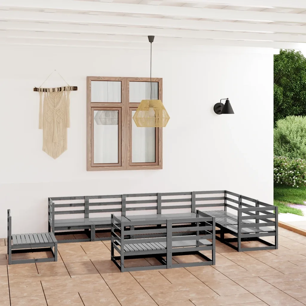 Set Divani da Giardino 10 pz Grigi in Legno Massello di Pino cod mxl 37583