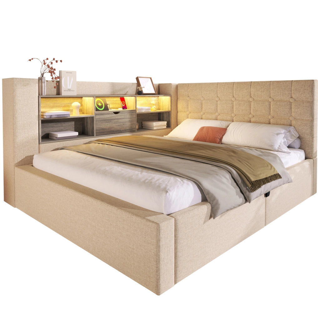 Letto matrimoniale 140x200 cm con LED; contenitore idraulico; testiera L in lino beige con materasso