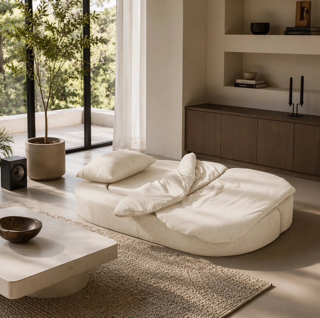 Divano letto pieghevole 3 in 1 in flanella; bianco sporco
