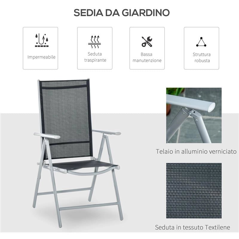 SEDIA DA GIARDINO PIEGHEVOLE CON SCHIENALE REGOLABILE IN ALLUMINIO