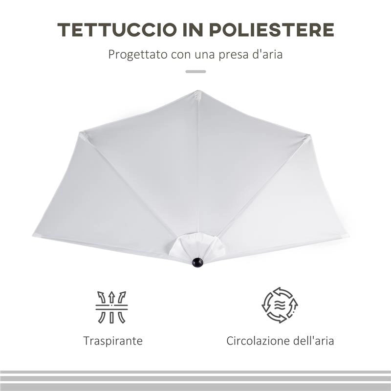 OMBRELLONE DA TERRAZZA A MEZZALUNA CON APERTURA A MANOVELLA E PALO A 2 SEZIONI 2.6X1.35 M BIANCO