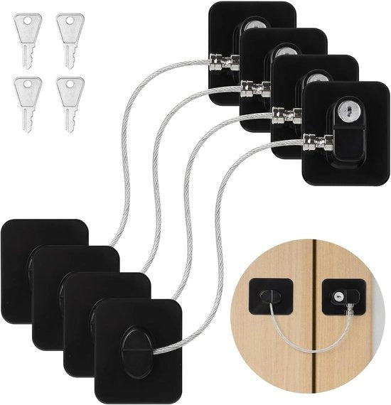 Blocco di sicurezza per frigorifero - 4-Pack - Blocco di sicurezza per frigorifero con chiave - Blocco di sicurezza per frigorifero - Blocco di sicurezza per porte senza foratura con 4 chiavi per armadi - finestre - frigorifero - lavatrice (Nero)