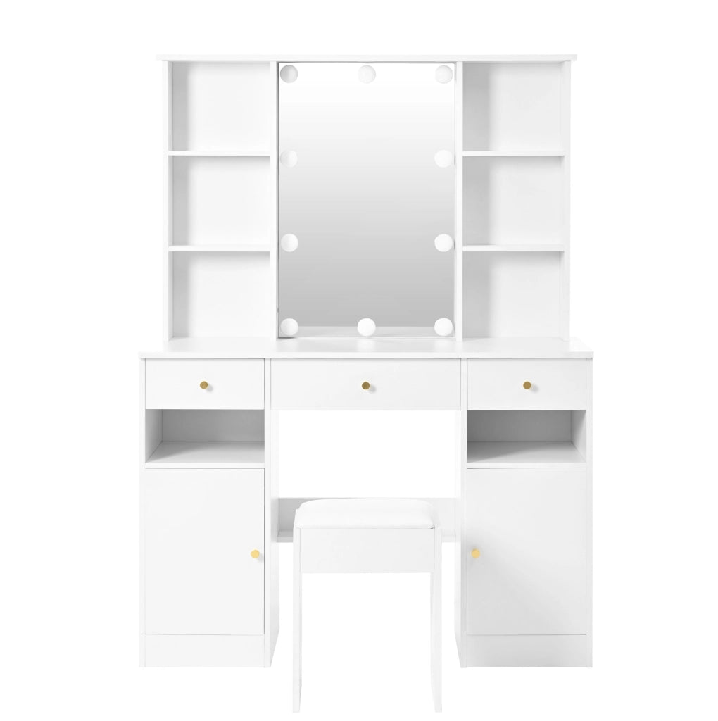 Tavolo da trucco 110x40x151 cm con specchio e luci LED regolabili; 3 cassetti e 2 ante; bianco