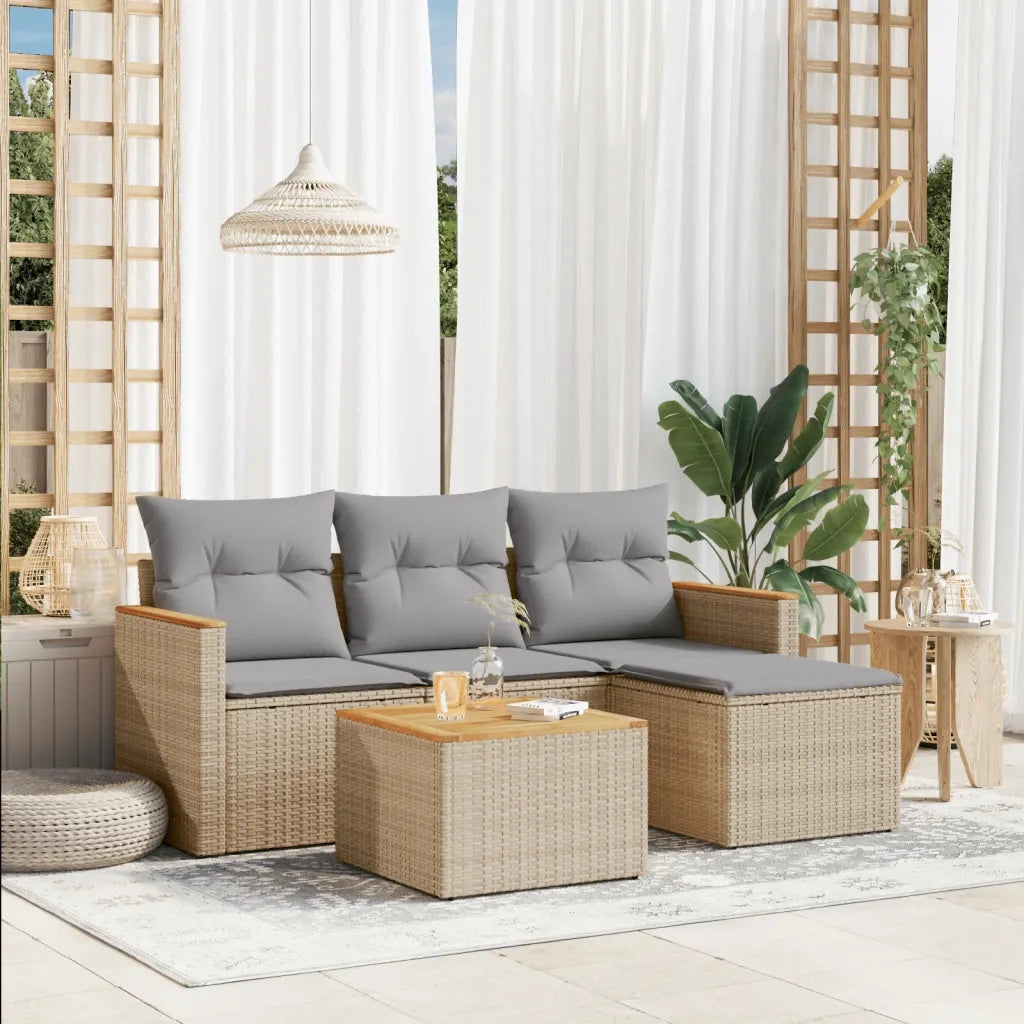 Set Divano da Giardino 5 pz | Set Salotto da Giardino con Cuscini Beige Misto Polyrattan