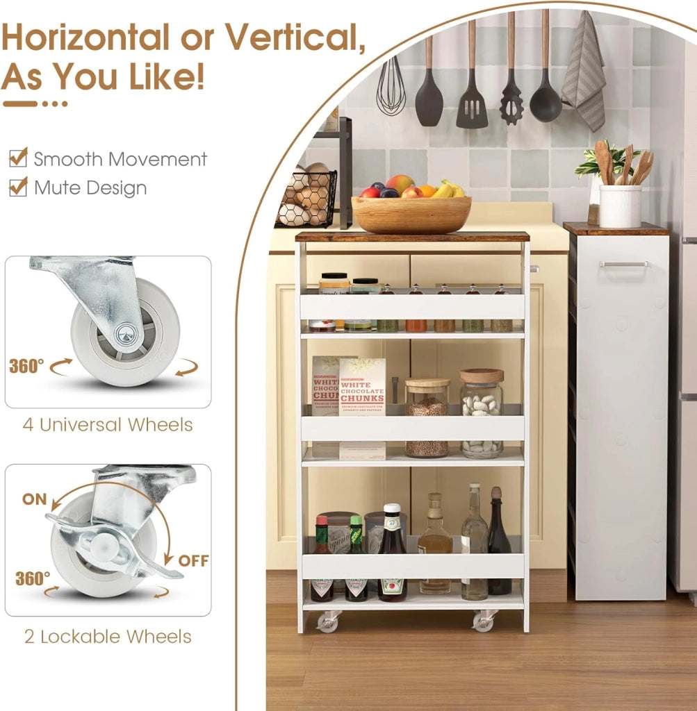 Carrello per Nicchia con Ruote, 4 Livelli，Carrello di Servizio Stretto Salvaspazio, da Bagno, Scaffale da Cucina Sottile 47,5 x 13 x 80,5 cm (Industriale+Bianco, Largo 20 cm)