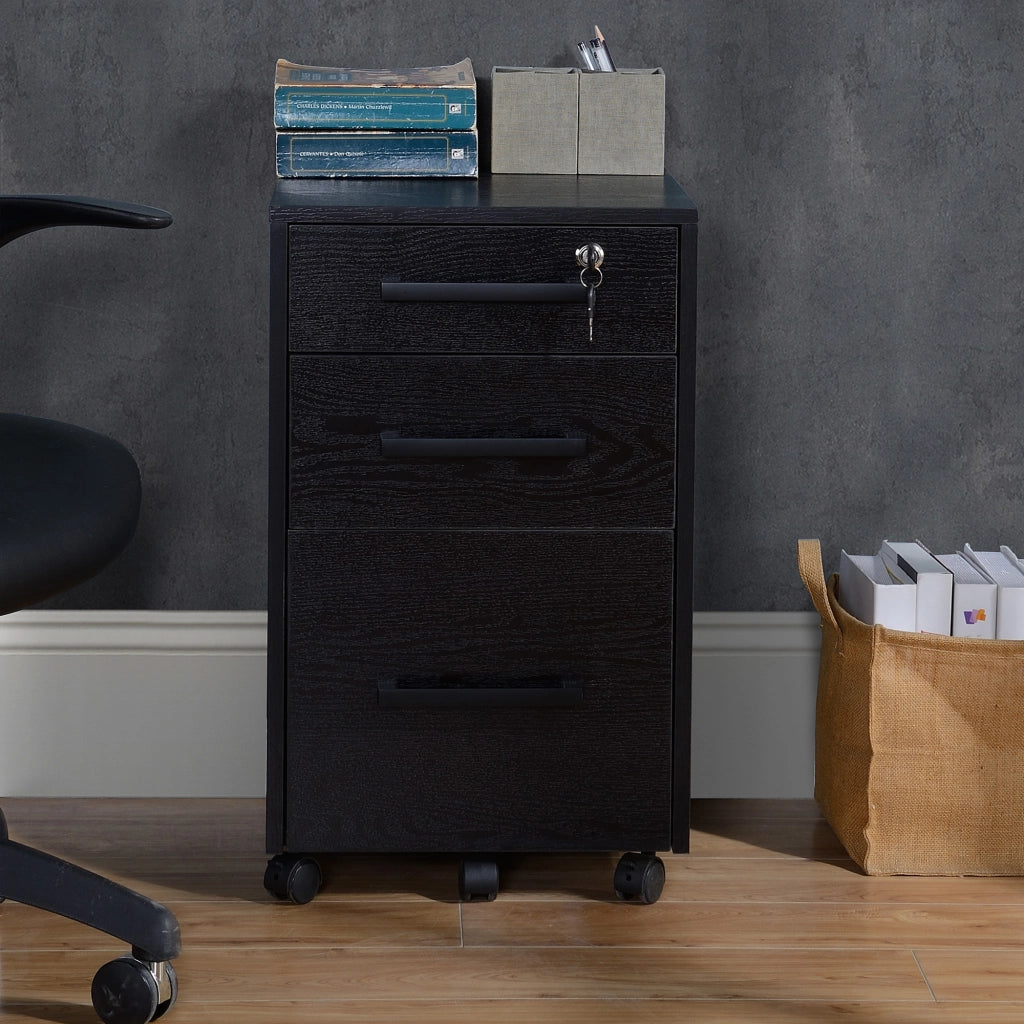 Cassettiera con 3 Cassetti e Serratura ¨C zephmum ¨C Nero, Legno, 39.2x40x65.4cm