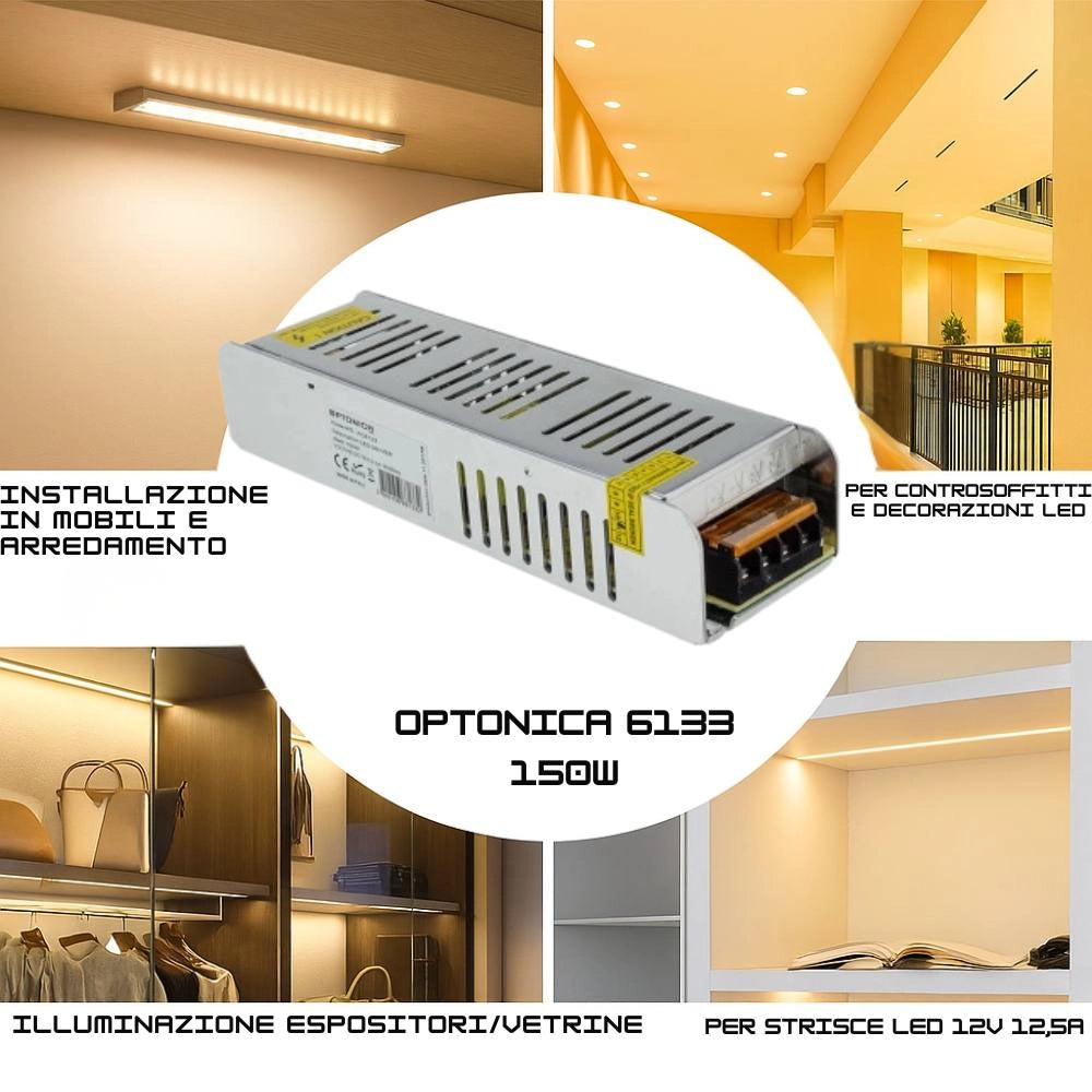 Alimentatore sottile 150w 12v 12.5a per strisce led ip20