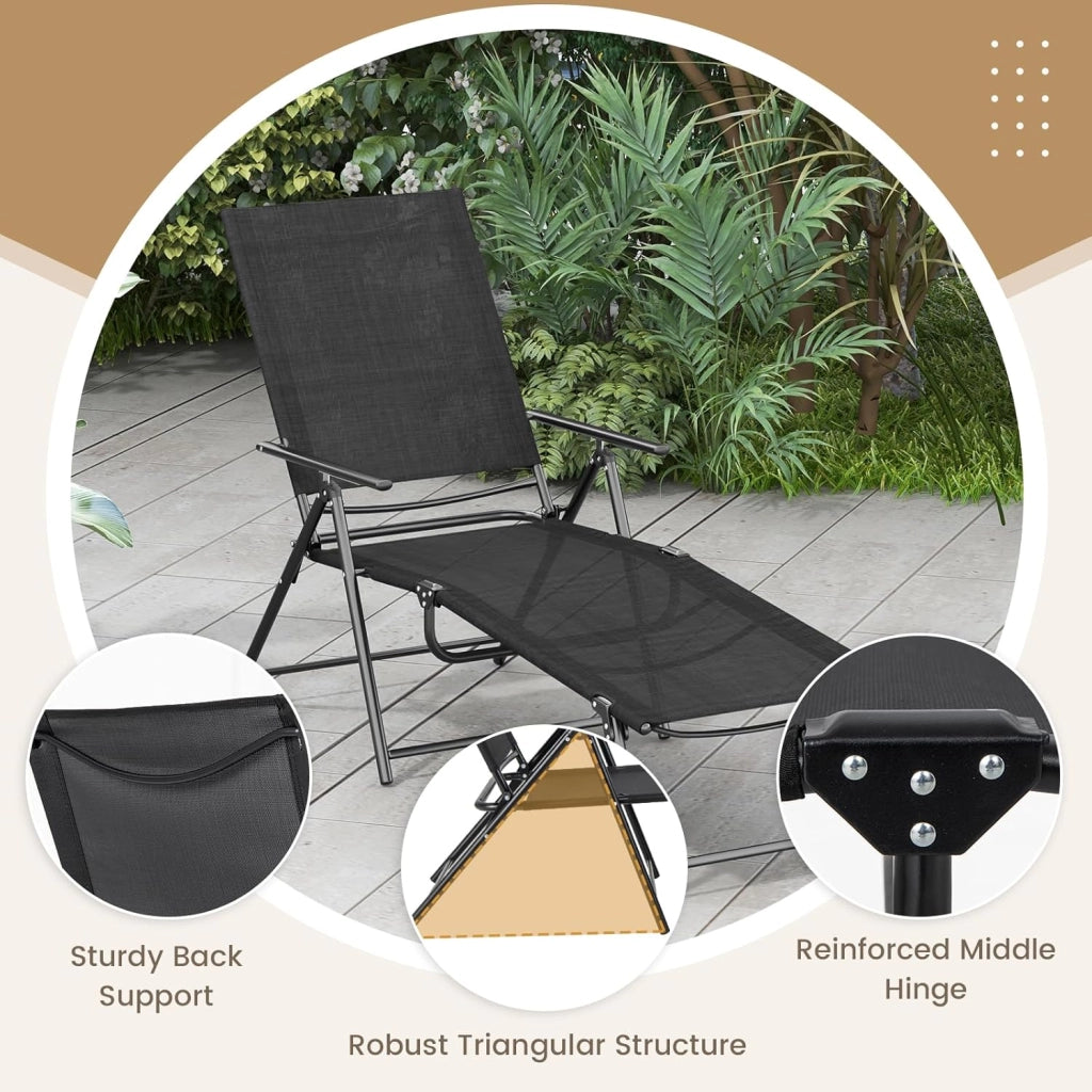 Set di 2 Sedie a Sdraio Pieghevolecon Schienale Regolabile e Poggiapiedi, Capacità di Carico 150 kg, Lettino Prendisole da Giardino Ideali per Patio, Giardino e Piscina, Nero