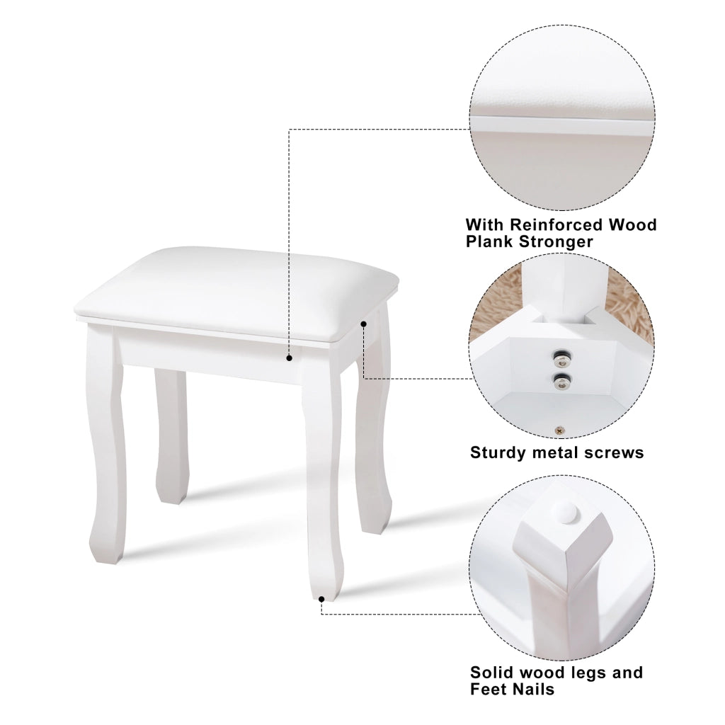 Pouf da camera Sgabello trucco con gambe in legno massiccio e piedini antiscivolo, Bianco