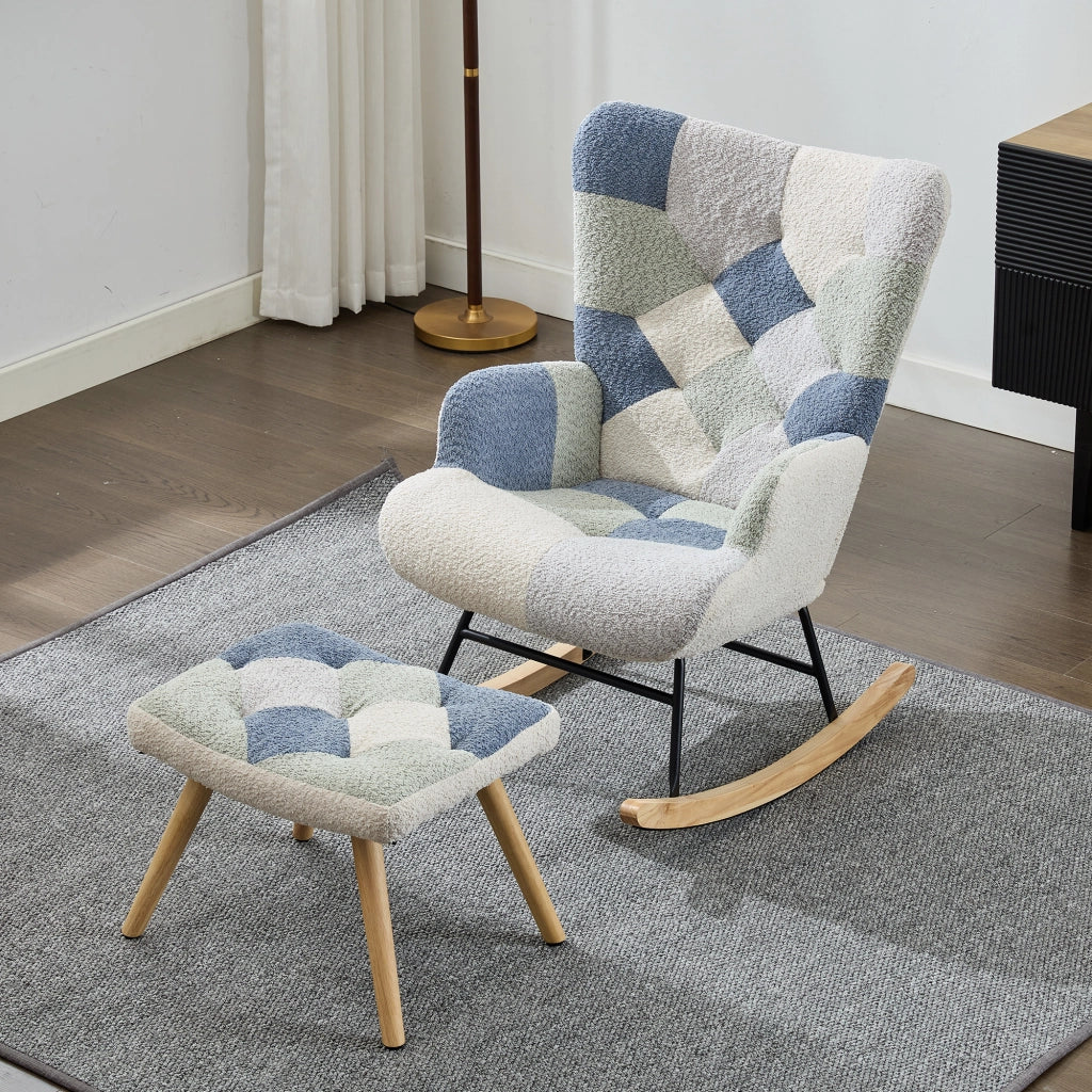 Sedia a Dondolo con Poggiapiedi Poltrona Relax Moderna in Tessuto Patchwork Beige e Blu