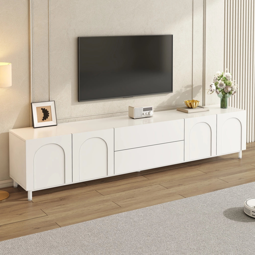 Mobile porta TV con 4 ante e 2 cassetti, passacavi laterali, per soggiorno, in MDF e truciolare, bianco, 180 × 40 × 48 cm