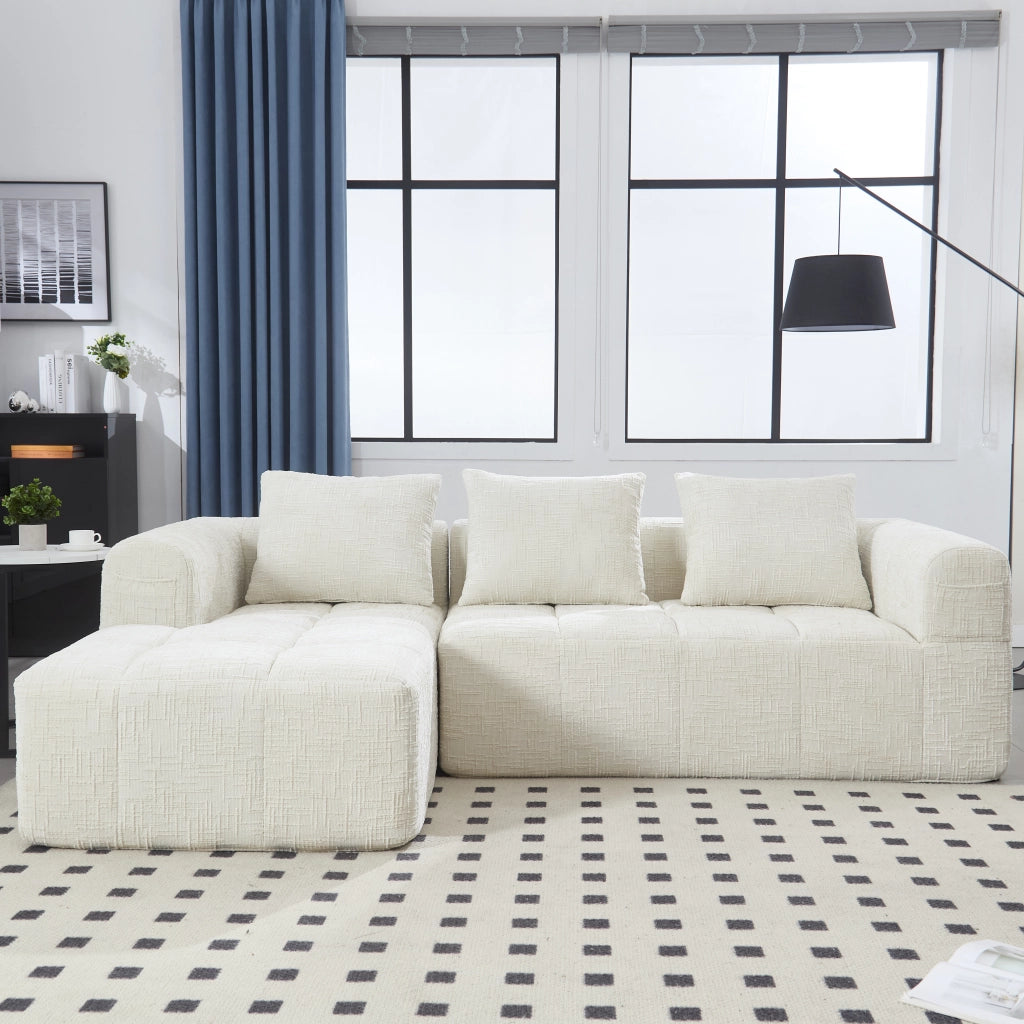 OKWISH Divano Angolare 3 Posti, Composizione Modulare senza Montaggio con Penisola, 3 Cuscini, Ciniglia Beige