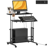 Scrivania con Altezza Regolabile, con Ruote, Prese e Porte USB, 80x60 cm, Nero