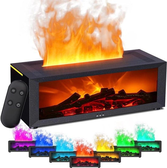 Diffusore di aromi con effetto fiamma e camino a LED - 7 colori umidificatore di aria 150 ml con telecomando e 4 timer (nero)