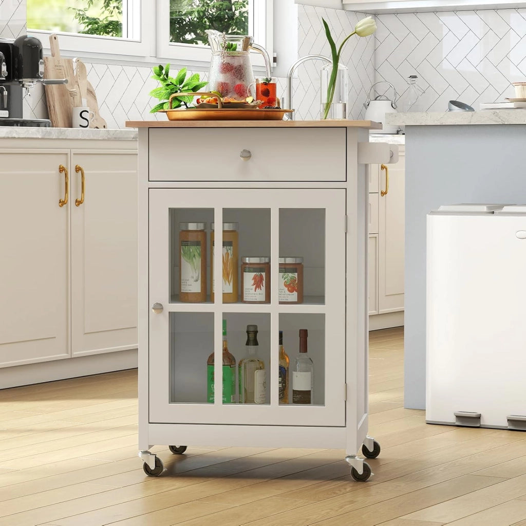 Carrello da cucina con ruote, carrello di servizio con cassetto, porta in vetro temperato, portasciugamani in legno di gomma, tavolo da bar mobile con ripiano regolabile per soggiorno