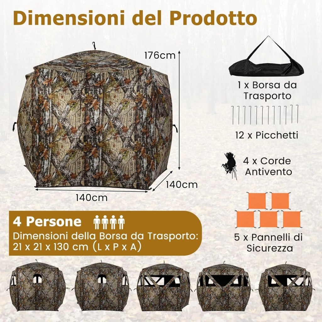 Tenda da Caccia Portatile per 4 Persone, Tenda Pop-Up Camouflage con Finestre Silenziose, Porta Apribile, Pannelli di Sicurezza Rimovibili e Borsa da Trasporto, 140 x 140 x 176 cm