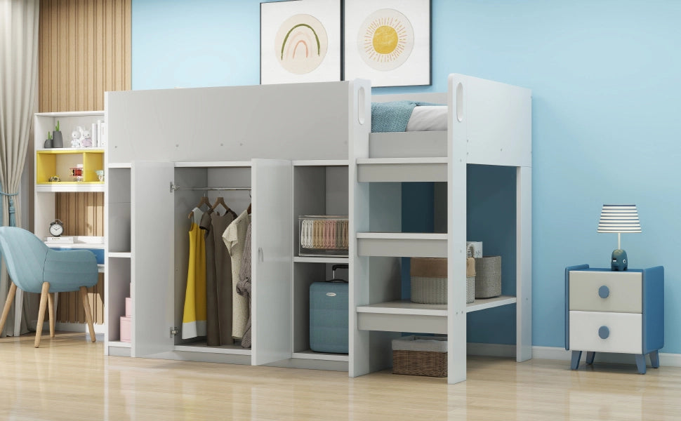 DESMIU Letto a Soppalco per Bambini 1 Posto con Armadio, Scaffali e Scala 90 × 200 cm, senza materasso