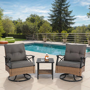Set da esterno 3 pezzi con 2 poltrone a dondolo girevoli 360° e tavolino; rattan PE marrone/grigio