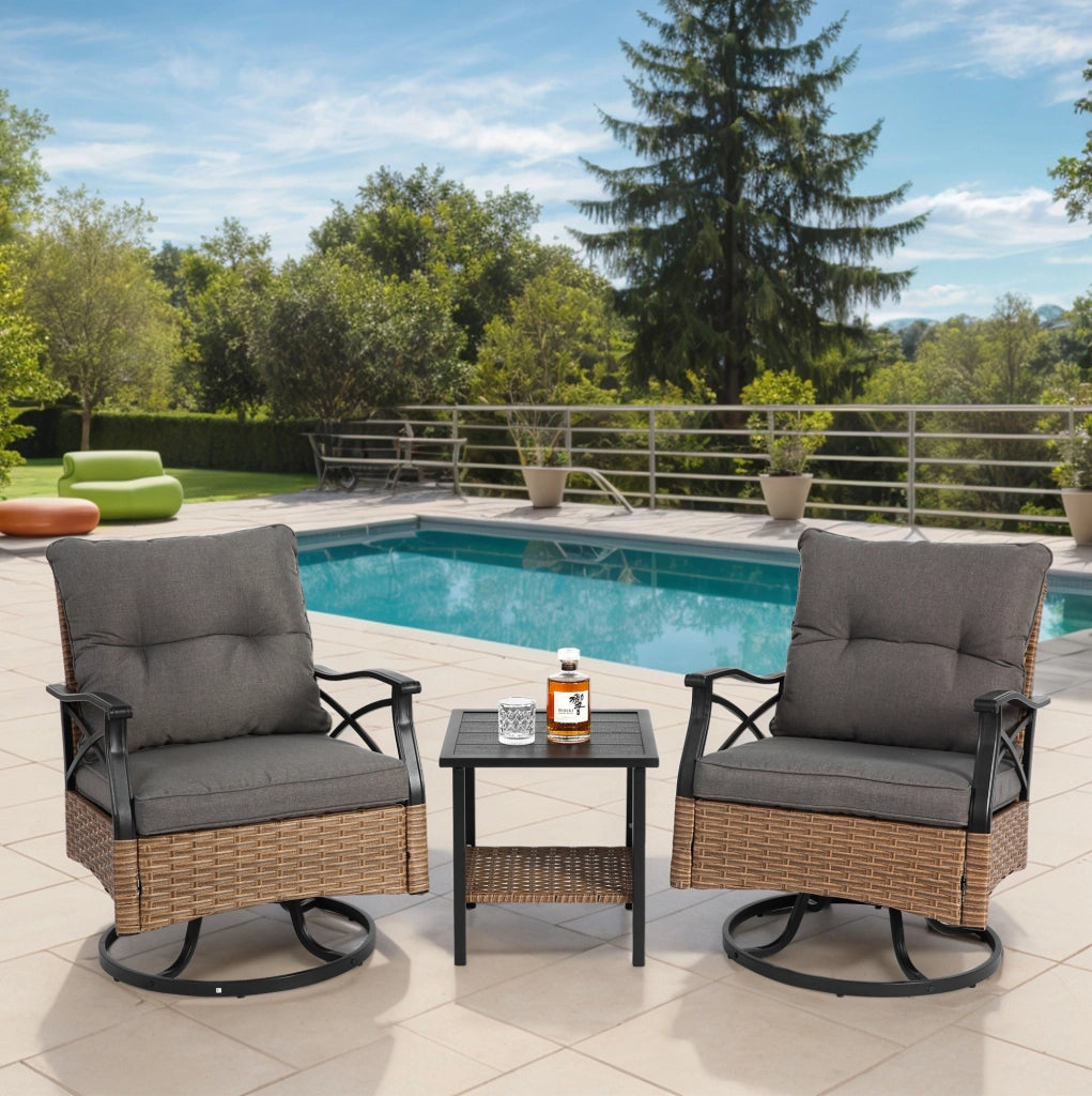 Set da esterno 3 pezzi con 2 poltrone a dondolo girevoli 360° e tavolino; rattan PE marrone/grigio