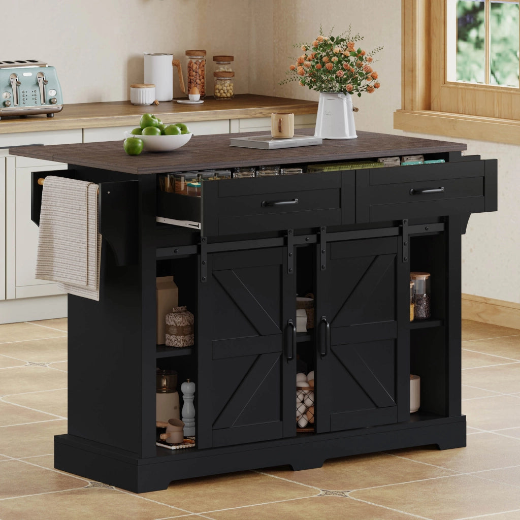 Isola cucina in MDF nero con piano ribaltabile, 2 ante scorrevoli, 2 cassetti e ruote