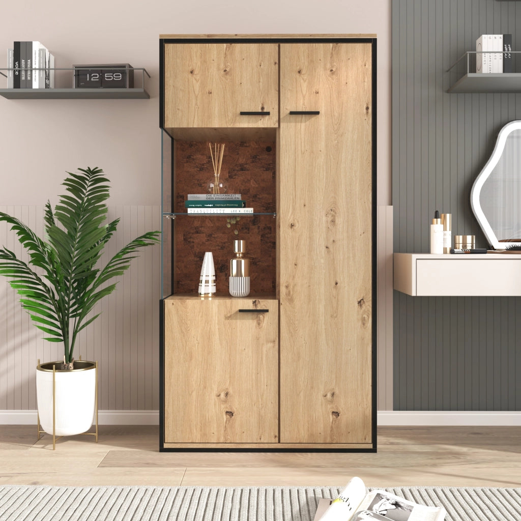 Vetrina con 1 Anta in Vetro e 3 Ripiani Regolabili con LED per Soggiorno in MDF 77;5×40×150 cm Naturale
