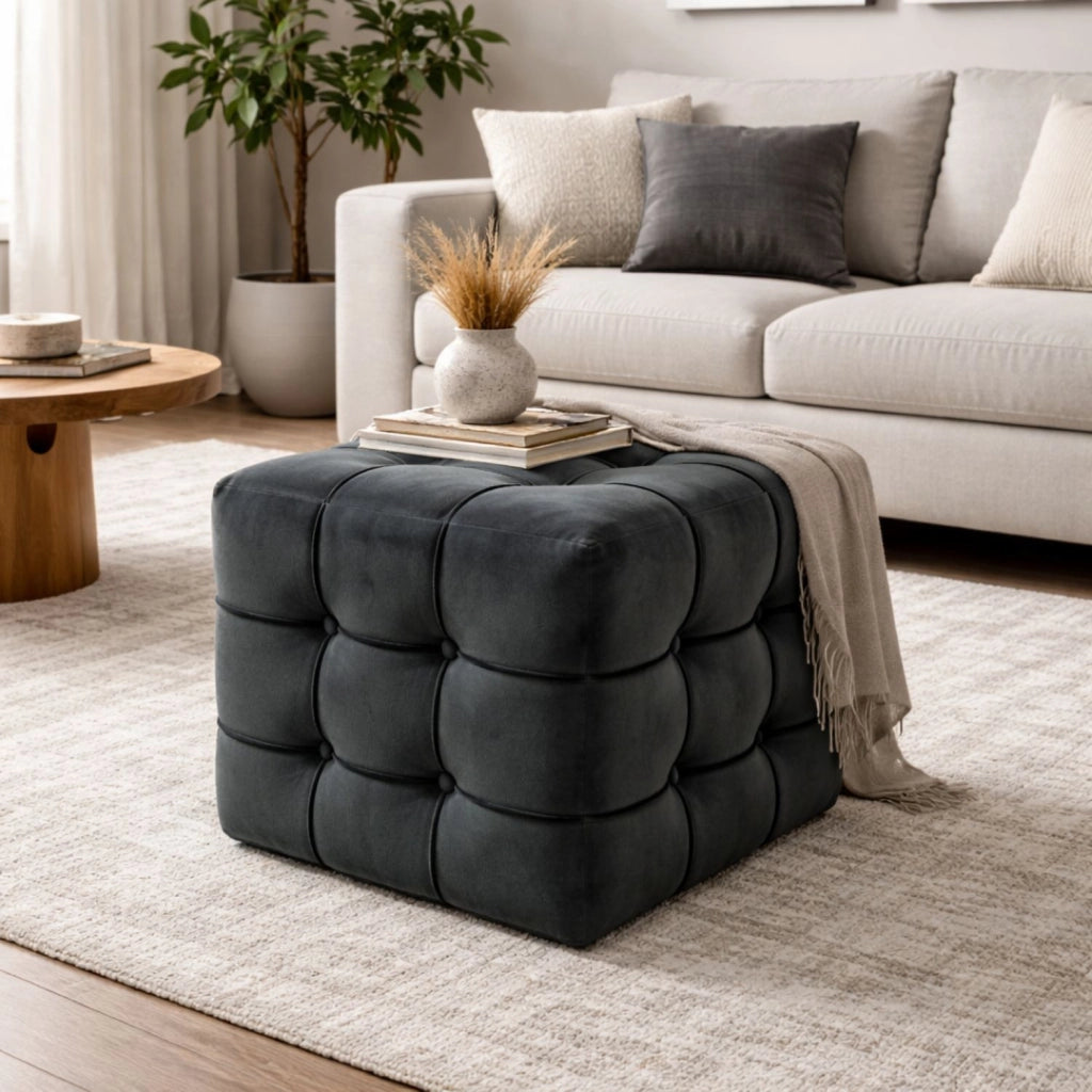 Pouf in velluto "Lizbon" - 42 x 42 x 42 cm - Grigio