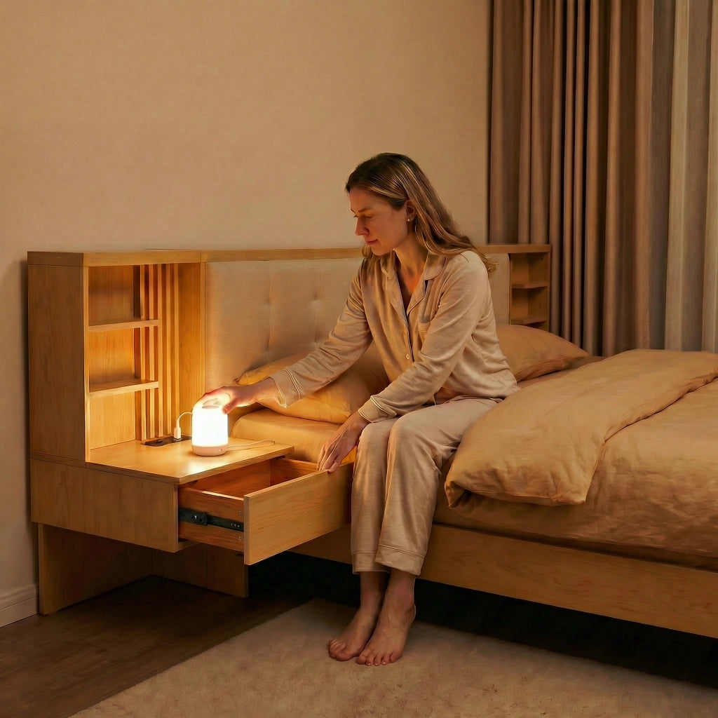 Letto flottante con testiera contenitore, USB e cassetti, 180x200 cm