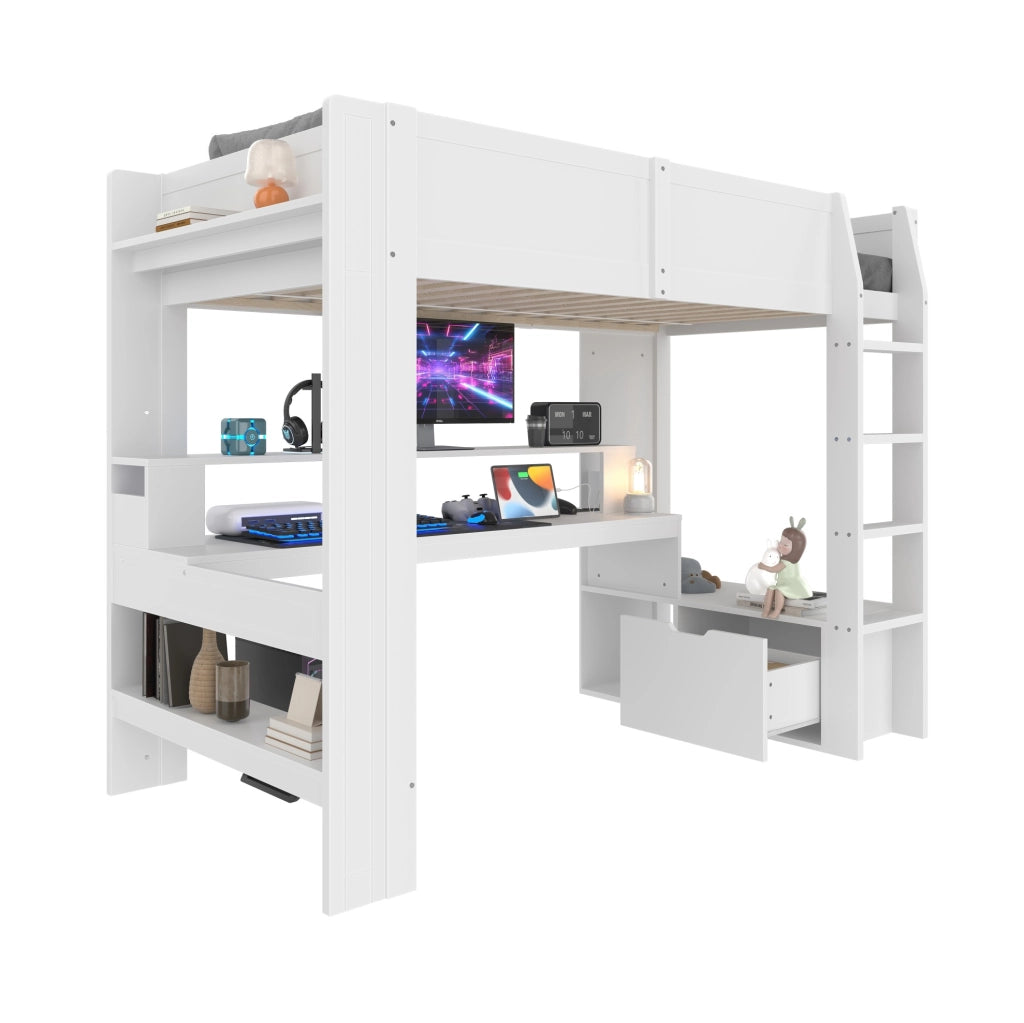 Letto a soppalco 90x200 cm con scrivania; cassetto; scaffali e LED in pino bianco