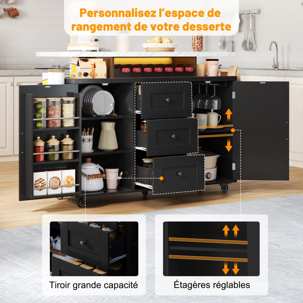Carrello da Cucina con 2 Ante e 3 Cassetti; LED; Piano Ribaltabile; Portabicchieri e Portabottiglie; MDF