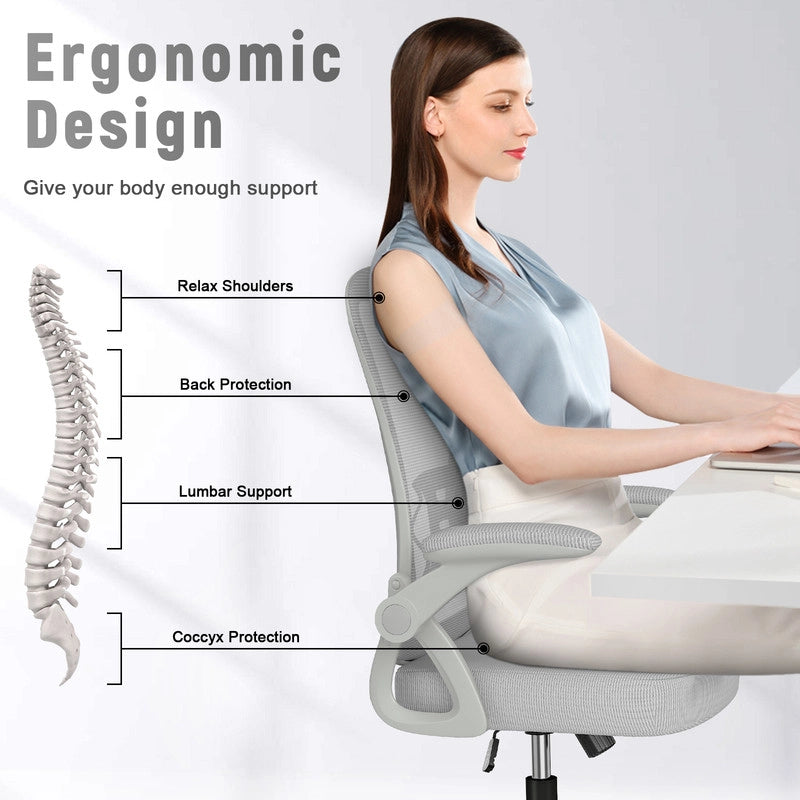 Sedia da ufficio ergonomica HAMLODY - con rotelle - Schienale regolabile con supporto lombare - Altezza regolabile - Grigio