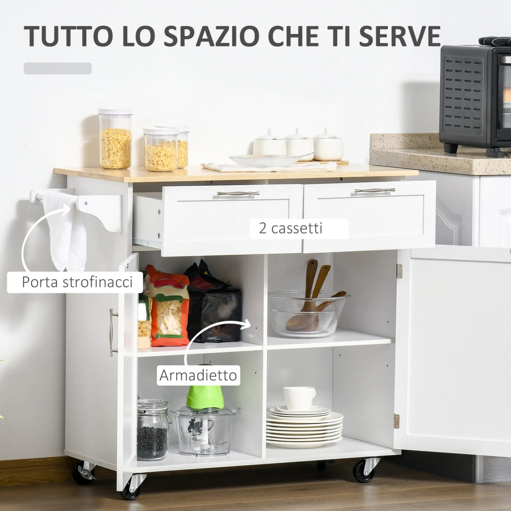 EasyComfort Carrello da Cucina Multiuso in Legno con 2 Cassetti, 104x46x91cm - Bianco