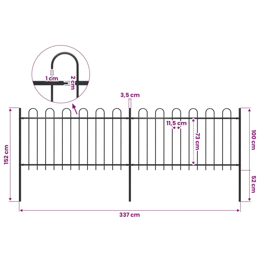 Recinzione da Giardino con Parte Superiore ad Anello in Acciaio 337x100 cm Nera 277657