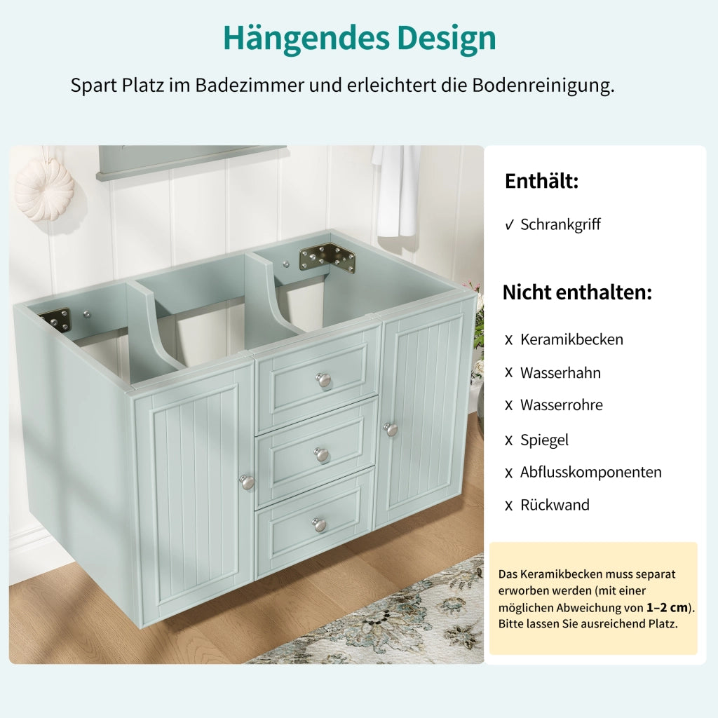 Mobile sottolavabo con 2 cassetti, vano contenitore e installazione a parete, per bagno, verde, 78,5 × 46 × 46,8 cm