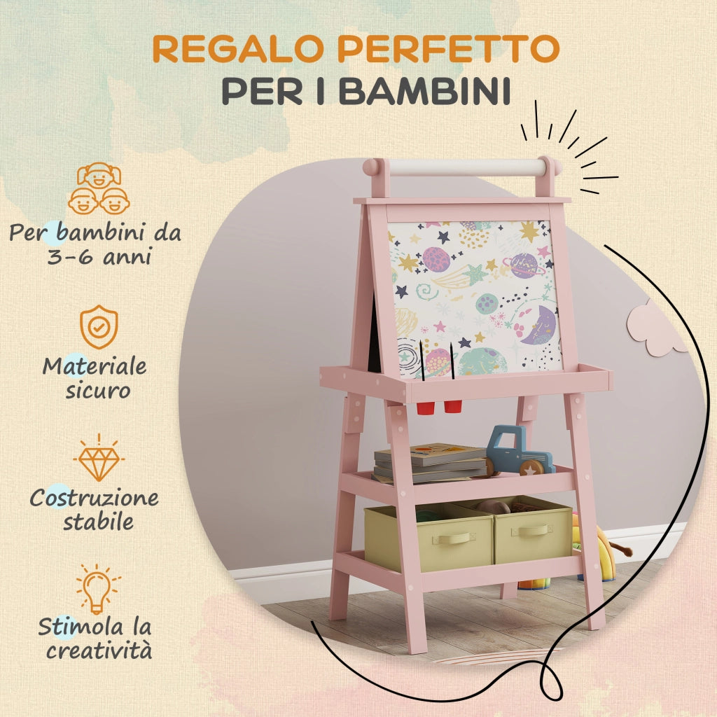 Lavagna per Bambini 3 in 1 con Cavalletto e Contenitori ¨C Minimal ¨C Legno Rosa 59x48x118 cm