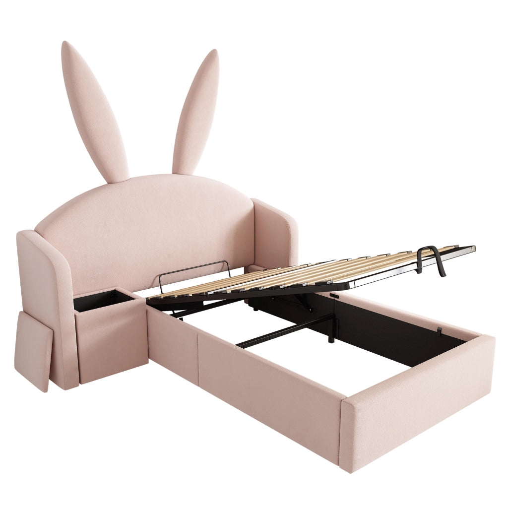 Letto per bambini 90x190 cm in velluto rosa con comodino contenitore, design con orecchie di coniglio