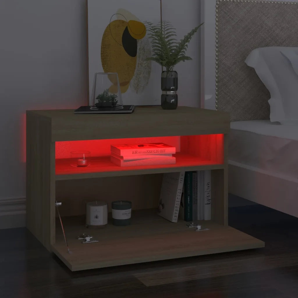Comodino con Luci LED Sonoma 60x35x40 cm in Legno Multistrato 3082780