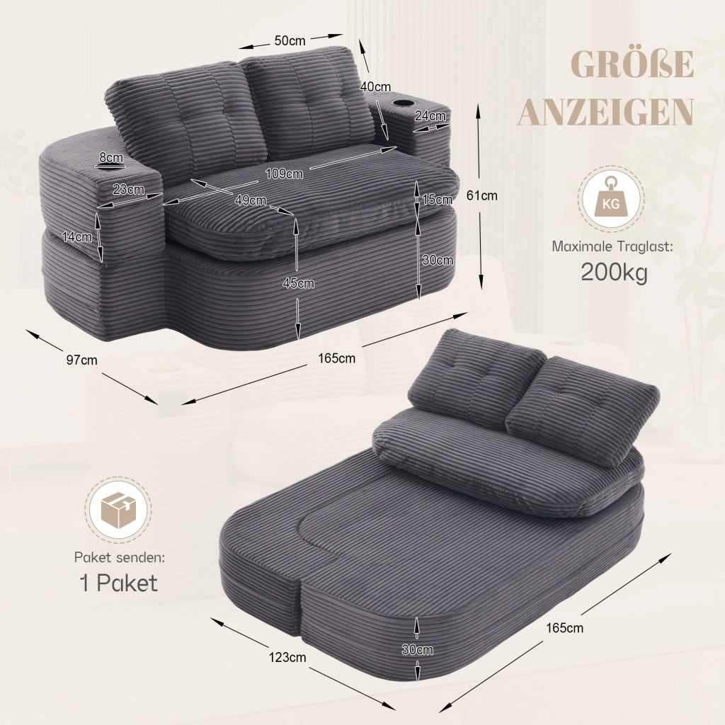 Poltrona letto 2 in 1 con braccioli rimovibili, schienale alto e doppio portabicchieri in velluto a coste grigio scuro