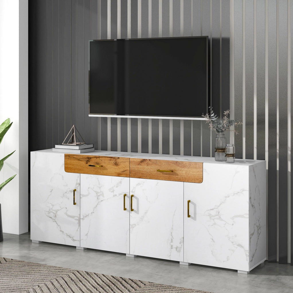 Sideboard bianco e marrone 208 x 39,5 x 80 cm con 4 porte e 2 cassetti in truciolato e PVC