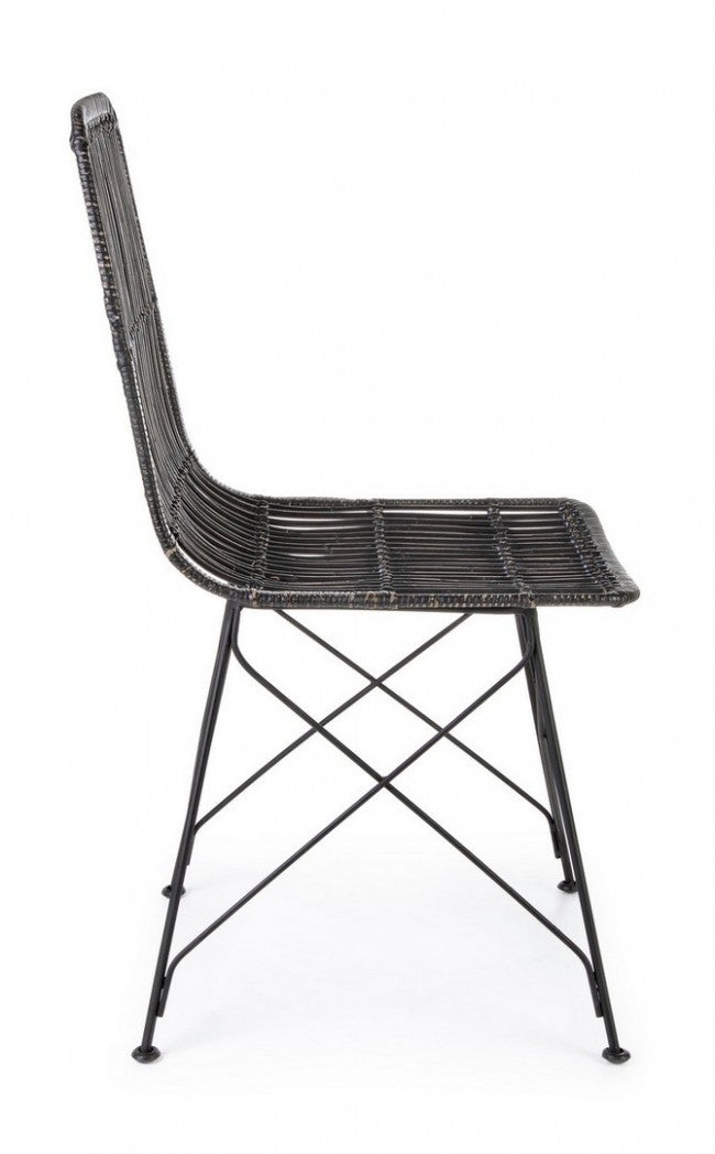 Set 4 Sedie 45x55x85 cm Metal Rattan in Fibre Naturali Nero