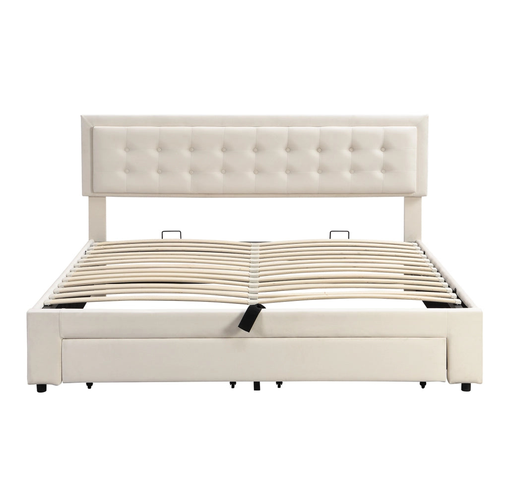 Letto matrimoniale 180x200 cm in velluto beige con contenitore; testiera regolabile e cassetti