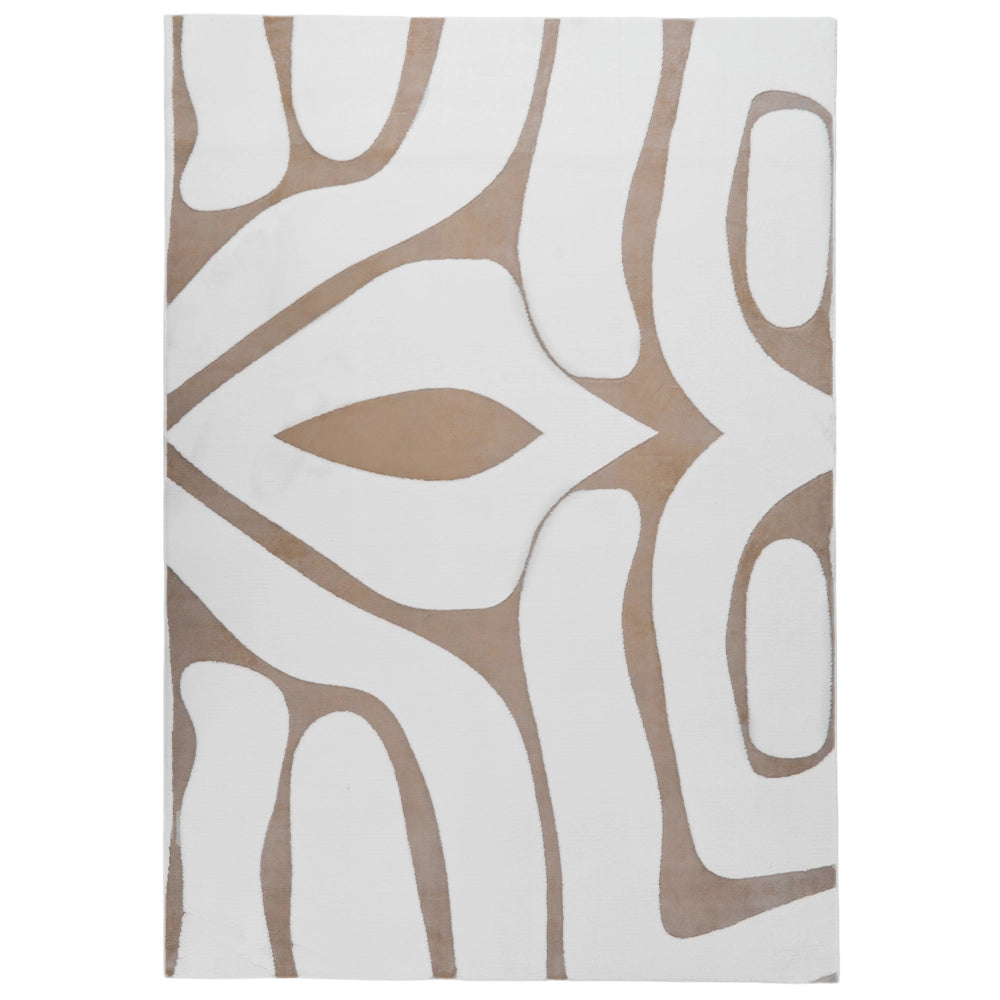 Tappeto da Soggiorno Beige e Bianco Jacquard 160 x 230 cm a Pelo Alto Rettangolare in Poliestere con Retro Antiscivolo Stile Moderno