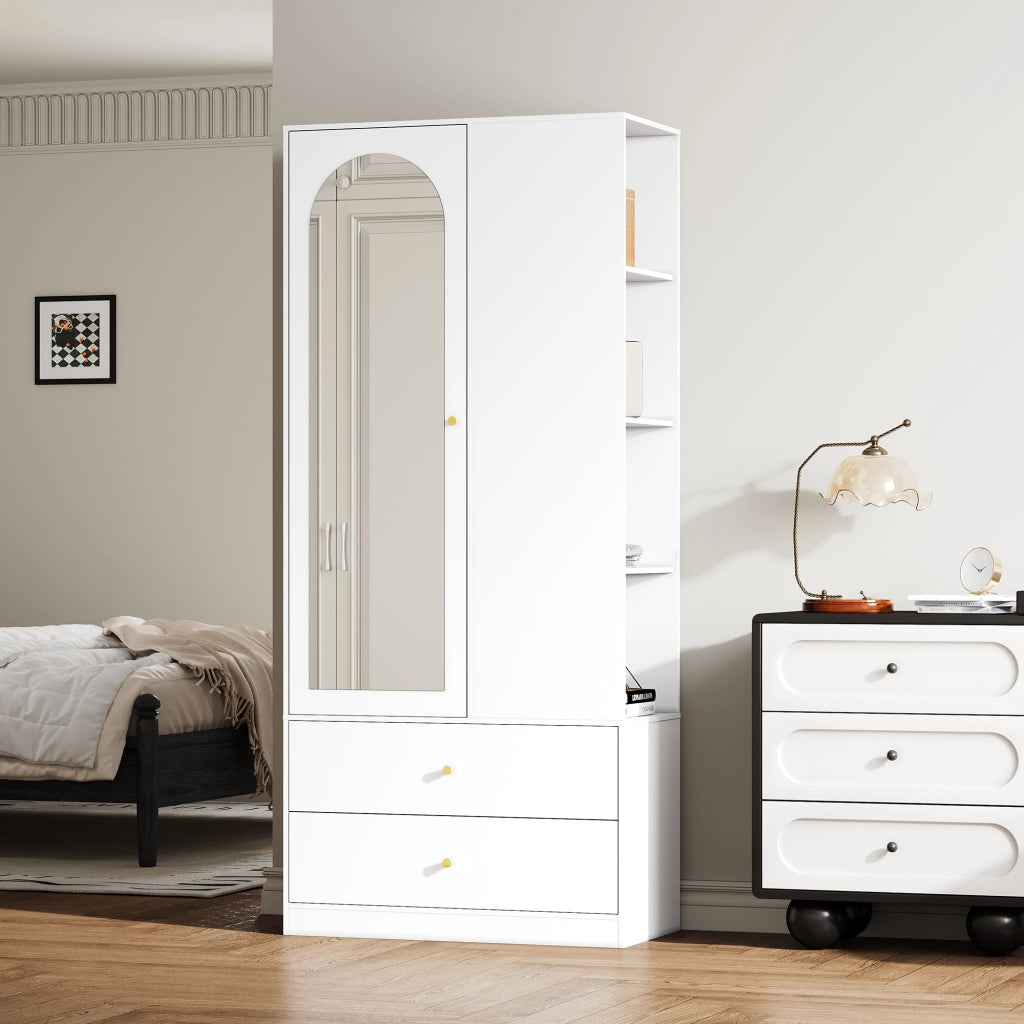 Armadio con specchio e 1 anta, 2 cassetti e 4 ripiani in MDF per camera da letto, bianco, 80 × 40 × 180 cm