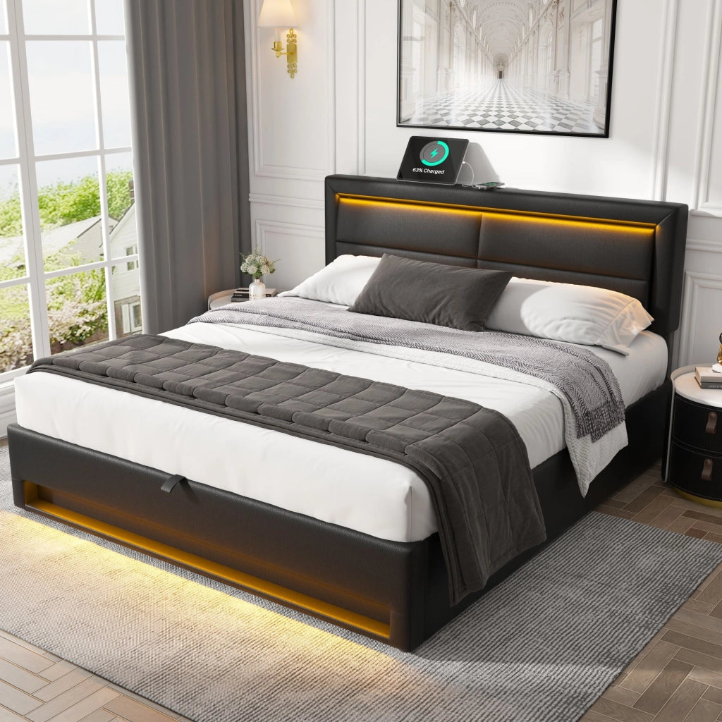 Letti contenitori 160x200 cm; USB; LED e contenitore; PU; nero (Senza materasso)