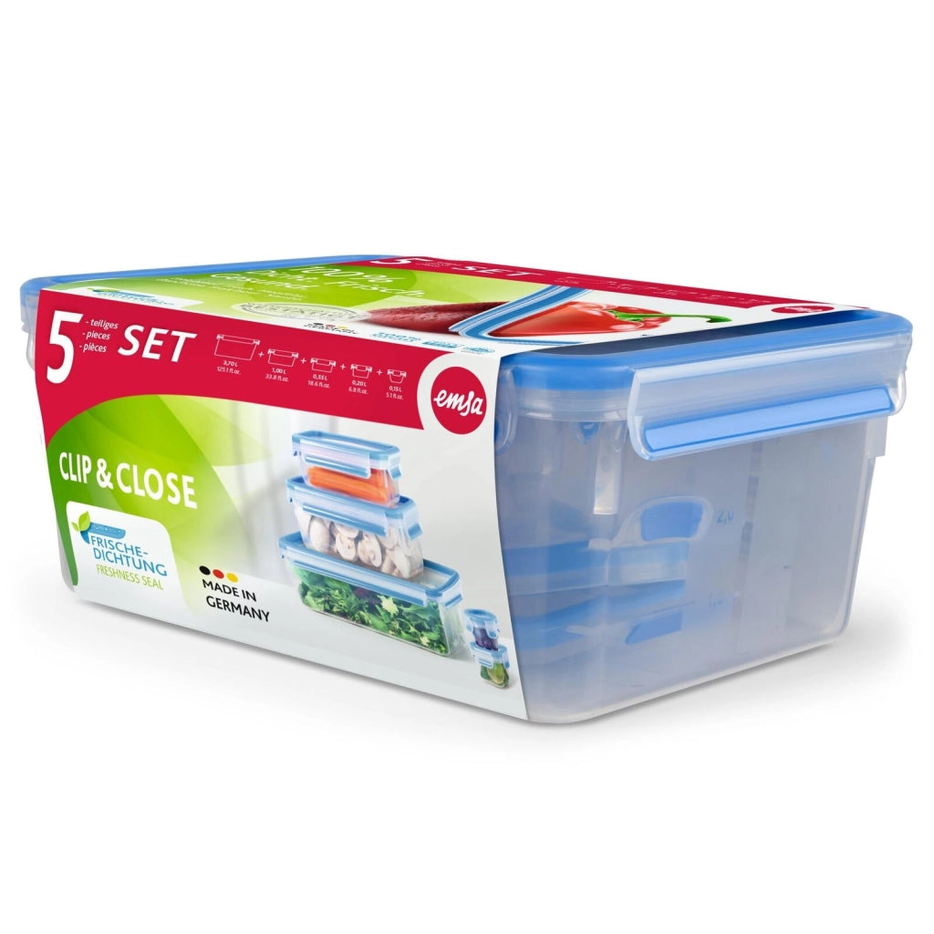 EMSA CLIP & CLOSE 508568 recipiente per cibo Rettangolare Set 3,7 L Blu, Trasparente 5 pz
