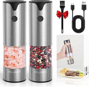 Set di Molini da Pepe e Sale a Carica USB con LED - Molitore Ceramico Regolabile - 7 Livelli di Regolazione dell'Altezza - Set in Acciaio Inox (Argento)