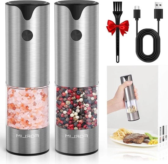 Set di Molini da Pepe e Sale a Carica USB con LED - Molitore Ceramico Regolabile - 7 Livelli di Regolazione dell'Altezza - Set in Acciaio Inox (Argento)