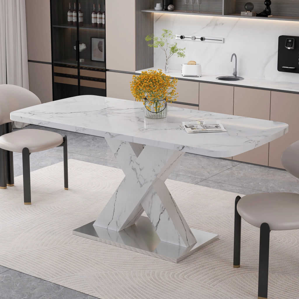 Tavolo allungabile rettangolare con piano effetto marmo bianco e base a X in metallo per sala da pranzo 160 × 80 × 76,5 cm