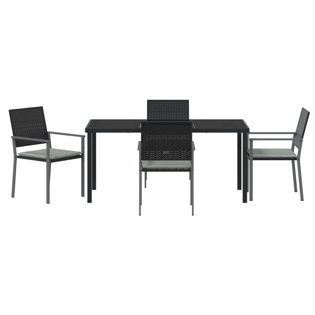 Set da pranzo da giardino a 5 pezzi con cuscini in polyrattan nero