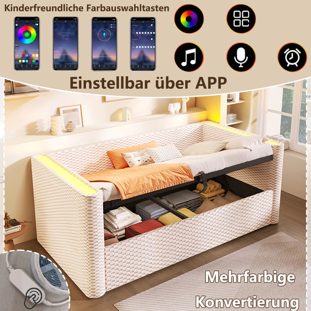 Letto giorno con illuminazione LED in velluto beige 90x200 cm