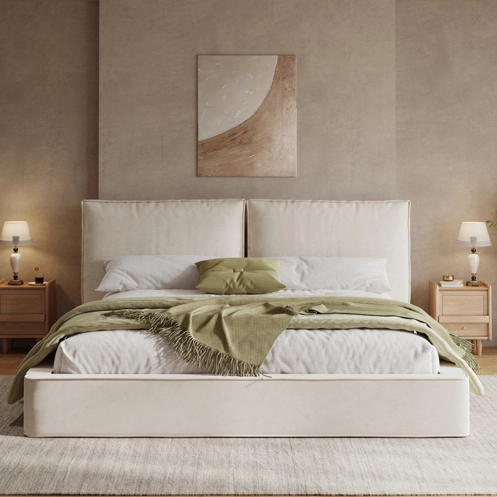 Letto matrimoniale imbottito 160x200 cm in chenille beige con rete a doghe